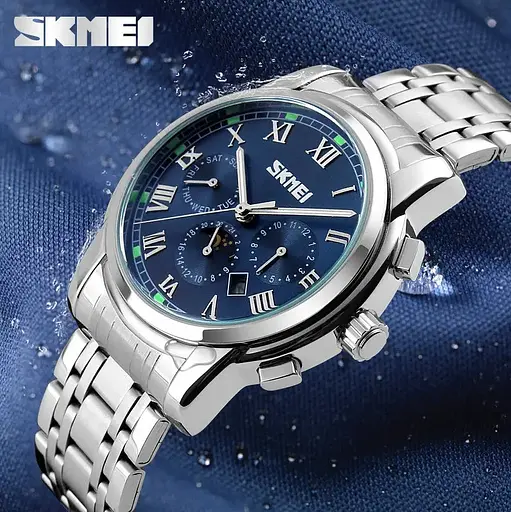 Наручные классические часы Skmei 9121 серебристые с синим циферблатом - фото 7