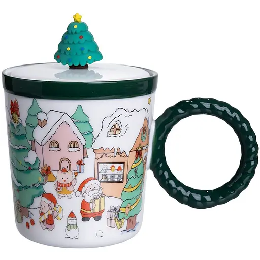 Чашка фарфоровая «Елка» 400 мл с крышкой Yiwu FM-CS-36B