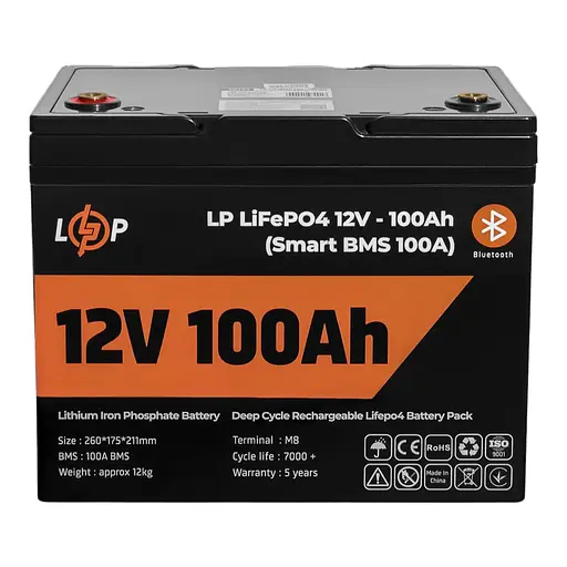 Акумулятор LP LiFePO4 12V (12,8V) - 100 Ah (1280Wh) (Smart BMS 100А) з BT пластик для ДБЖ - фото 1
