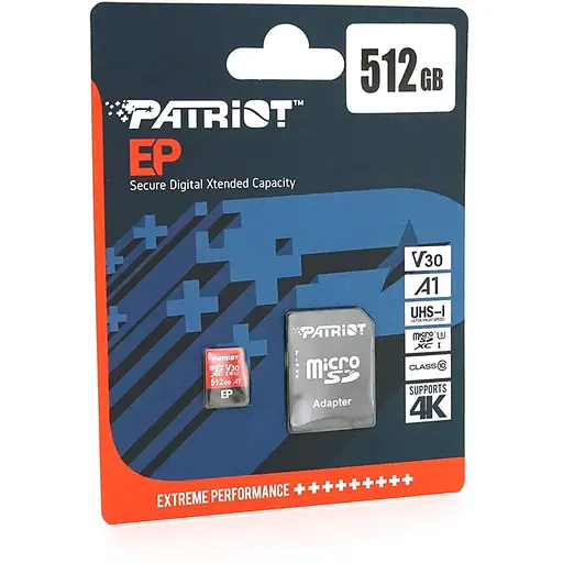 Карта пам'яті Patriot LX microSDHC Class 10UHS-I U3, V30 (R-100MB/s, W-80MB/s), 512GB