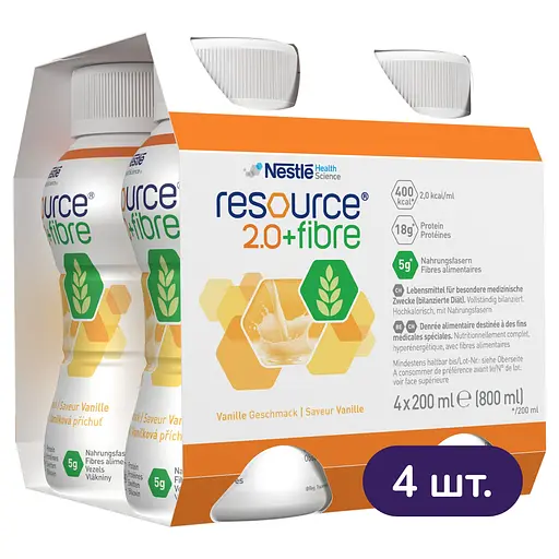 Набор энтеральное питание Nestle Health Science Resource 2.0+Fibre со вкусом ванили 3.2 л (4 уп. х 4 шт. х 200 мл) - фото 1