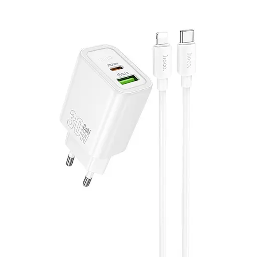 МЗП Hoco N63 Gentle PD30W+QC3.0 (1USB-A/1C) + кабель Type-C to Lightning White