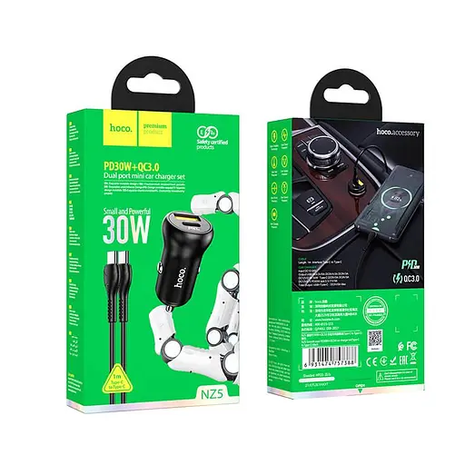 Комплект зарядный автомобильный HOCO NZ5 Smooth road car charger 30 W 2 порта с кабелем Type-C to Type-C черный - фото 6
