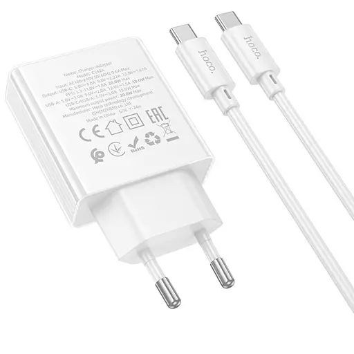 МЗП Hoco C142A Direct PD20W+QC3.0 (1USB-A/1C) + кабель Type-C to Type-C White - фото 4