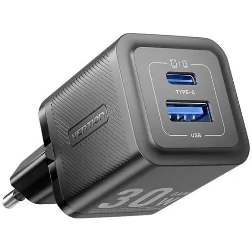 Мережевий зарядний пристрій Vention 2-Port USB (C + A) GaN Charger (30W/30W) EU-Plug чорний - фото 1