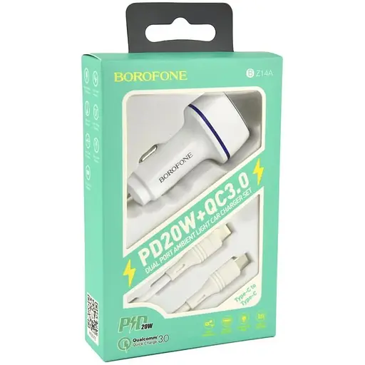 Автомобильное зарядное устройство Borofone BZ14A PD20W + QC3.0 Type C to Type C 3A Белый - фото 4