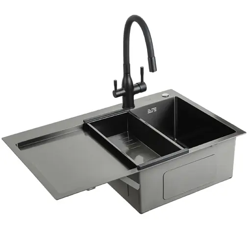 Кухонная мойка Gappo накладная 780x500 мм, поверхность PVD, левая GS7850-6L, Черный матовый - фото 2