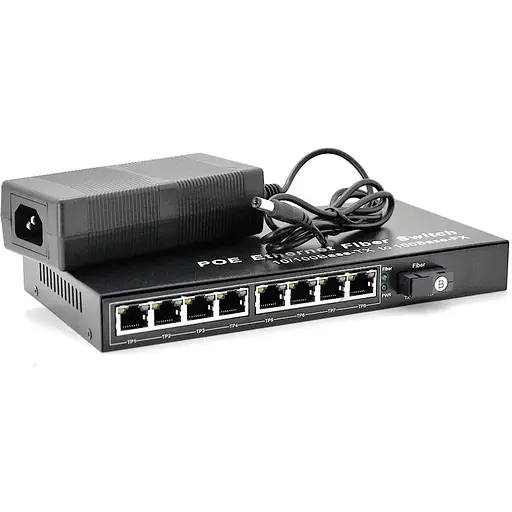 Комутатор POE із вбудованим SFP (B) 48V-57V, 8 портів PoE + 1 порт Ethernet FX 155 Мбіт/с (UP-Link) SC/FC/ST 1550nm, 802.3af, Black, БП у комплекті