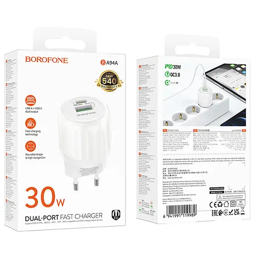 СЗУ Borofone BA94A Lustrous PD30W+QC3.0 (1USB-A/1C) White - фото 5