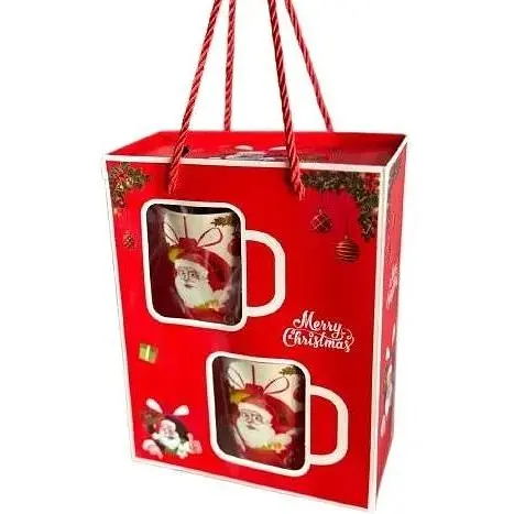 Набор новогодний С Рождеством керамическая Чашка 2 шт и ложечка 2 шт 200 мл Белая с красным - фото 1