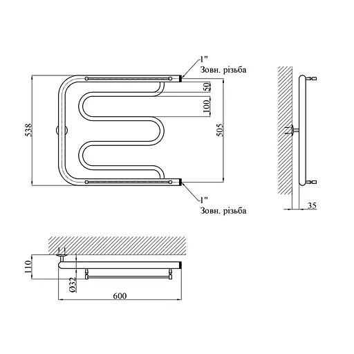 Рушникосушарка водяна Kroner Фокстрот ФП03 530x600 CV017232, Хром, боковое - фото 2