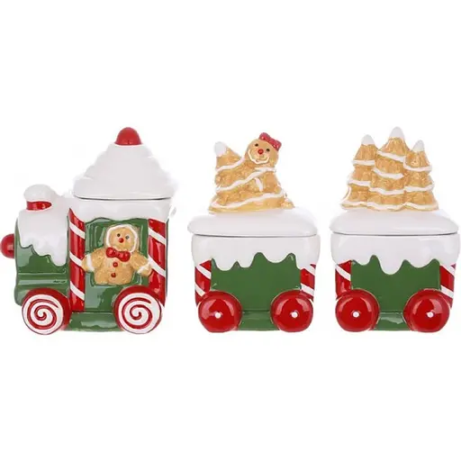 Набор новогодних банок 3 шт BonaDi 928-111 Паравозик для сыпучих продуктов керамика 450 мл 300 мл 300мл - фото 1