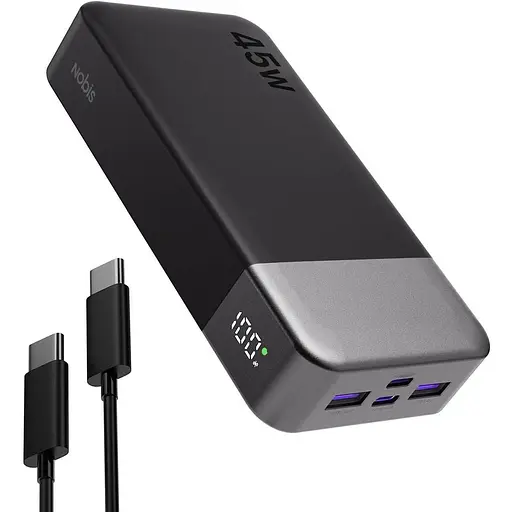 Повербанк NOBIS Power Bank, портативний зарядний пристрій потужністю 45 Вт 20000 мА·год, швидке заряджання USB C, 4-портовий зовнішній