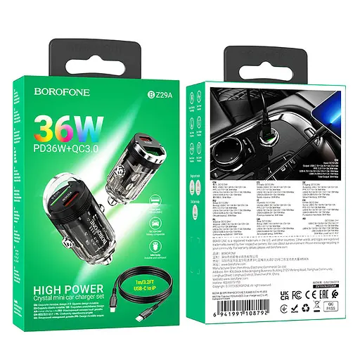 АЗП Borofone BZ29A Talented PD36W+QC3.0 (1C1A) + Type-C to Lightning Transparent black - фото 6