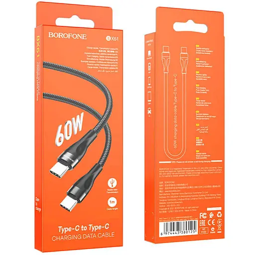 Дата кабель Borofone BX61 Source 60W Type-C to Type-C (1m) Black - фото 5