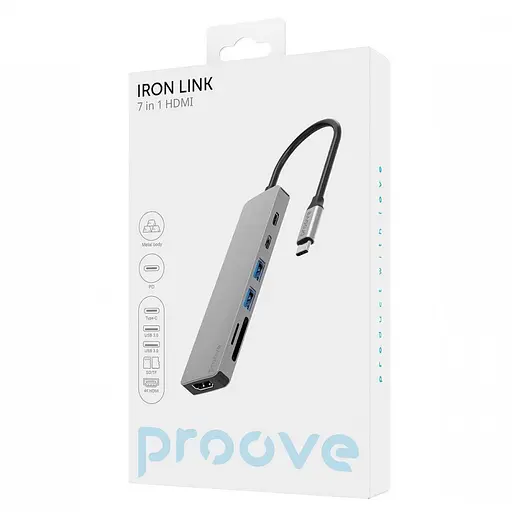 USB-хаб Proove Type-C-хаб Iron Link 7 в 1 (2*Type-C + 2*USB3.0 + HDMI + SD/TF) серебристый (HBIL00222004) - фото 4