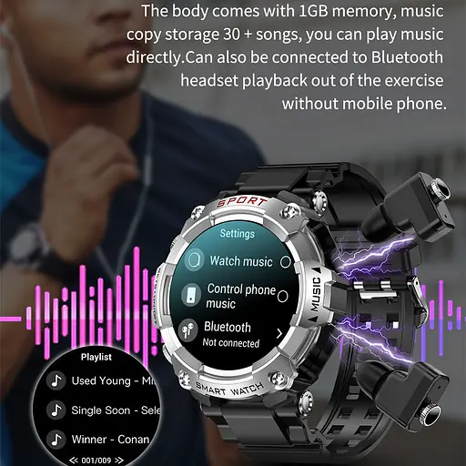 Смарт-часы с наушниками LEMFO T96 силиконовый ремешок Black Silver (16344) - фото 3