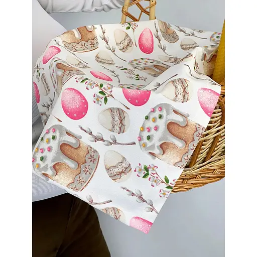 Великодній кошик Галичина коричневий із водовідштовхувальним рушничком 70х40 см Великодня пасочка рожева та свічкою