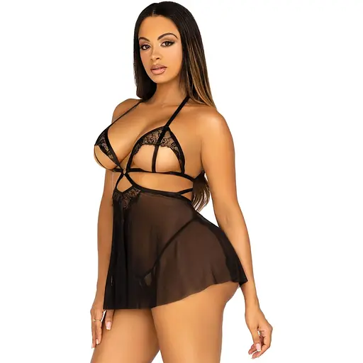 Рубашка бэби-долл с открытыми чашками Leg Avenue Lace and mesh Babydoll & panty Black S, стринги - фото 5