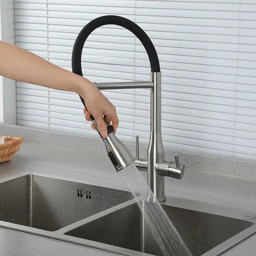 Смеситель для кухни на две воды Gappo G4399-75 гибкий излив нержавеющая сталь сатин/черный Нержавеющая сталь - фото 2