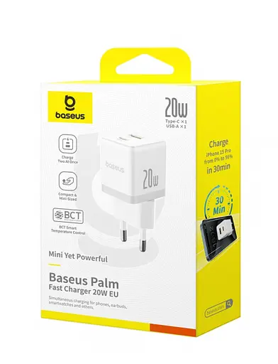 Сетевое зарядное устройство для Baseus Palm Type-C+USB 20 W P10111608213-00 Белый - фото 3