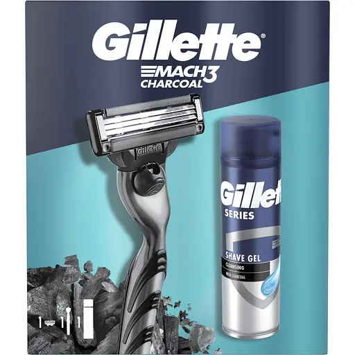 Подарочный набор: Станок для бритья мужской Gillette Mach3 Charcoal с 1 сменным картриджем + Гель для бритья Gillette Series Очищающий с углем 200 мл - фото 2