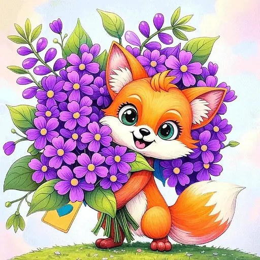 Полотно на ХДФ с контуром Arteo Лисичка с цветами 20×20 хлопок акрил