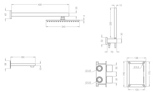 Душова система прихованого монтажу з термостатом із виливом Nett TSB-521, Чорний - фото 8
