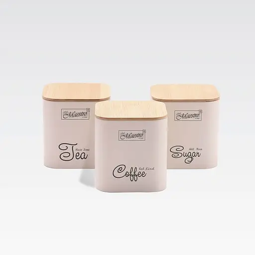 Набор металлических емкостей Maestro MR-1775-3S-IVORY с бамбуковой крышкой для чая кофе и сахара 3шт - фото 1