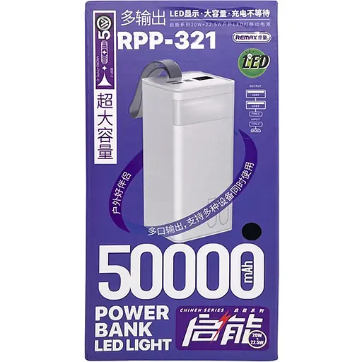 Павербанк Remax RPP-321 / 50000мАг / 22,5 Вт / USB-C + USB-A + microUSB / PD + QC / з ліхтариком / Чорний - фото 6