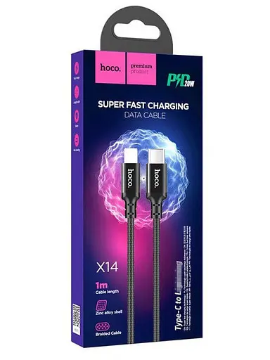 Кабель Hoco X14 Type-C to iP 3A 20W 1 м nylon aluminum connectors чорний - фото 2