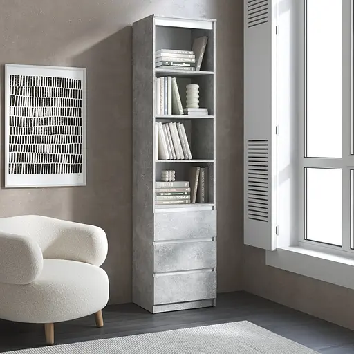 Пенал для книг Vays R-25 Бетон-Белые планки, с открытыми полками и ящиками, без ручек, ЛДСП, 50×40×211 см - для гостиной, спальни