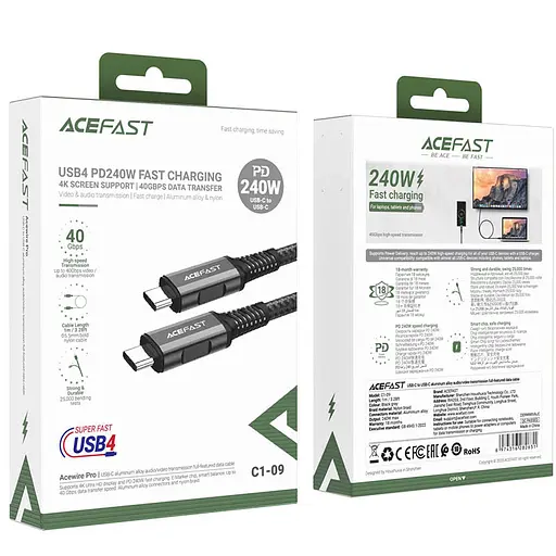 Дата кабель Acefast C1-09 USB-C to USB-C PD240W 40Gbps USB 4 aluminum alloy (1m) Black / Gray  - фото 4
