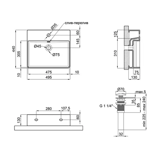 Умивальник Qtap Nando LT підвісний прямокутний 500x420x120 мм Black matt + донний клапан PU03O, Чорний матовий - фото 2