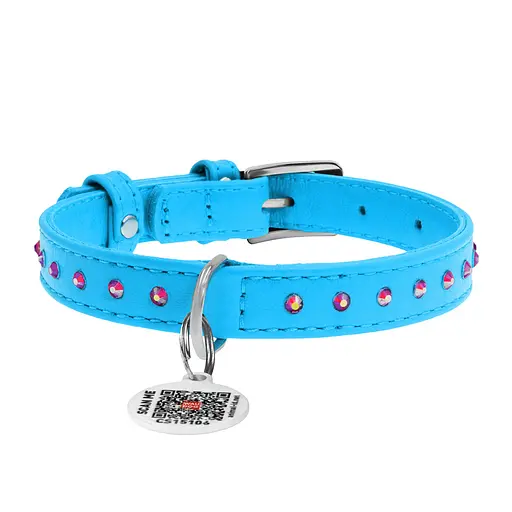 Ошейник для собак кожаный Waudog Glamour с QR-паспортом с клеевыми стразами Ш 12 мм Д 21-29 см голубой - фото 3