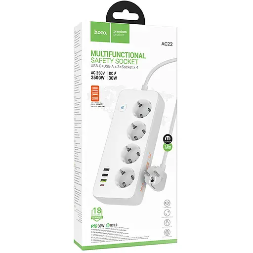 Удлинитель Hoco AC22 Sunlight (PD30W/1C/3A/4xSocket) (1.5m) - фото 2