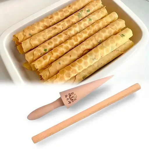 Дерев'яна форма-конус та паличка для згортання вафель та трубочок надання форми вафельним ріжкам 87911 - фото 2