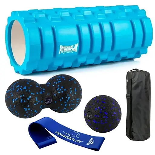 Набір для масажу та йоги PowerPlay PP_4096 (Ролик 33*14 + 2-ва мячі) Blue + гумка 7.5 кг (PP_4096_Blue) - фото 1