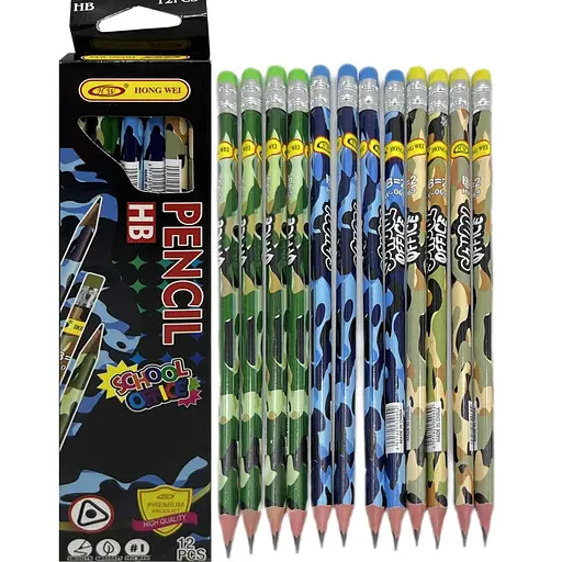 Карандаш чернографитовый Камуфляж, HB, с ластиком, 12 шт.