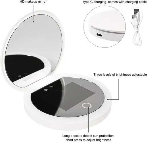 Компактне дзеркало Pumwoy з УФ-камерою, дорожнє дзеркало з підсвічуванням, косметичне дзеркало з 1,2-кратним збільшенням - фото 2