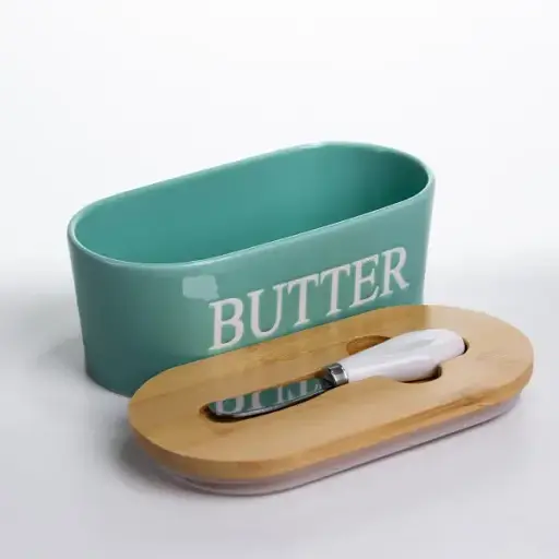 Маслянка порцелянова Yiwu з бамбуковою кришкою та ножем для масла бірюзовий CYT-G - фото 3