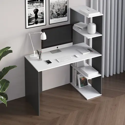 Комп’ютерний стіл Vays M-17 Антрацит-Білий, письмовий з боковим стелажем зправа, ЛДСП, 120×60×148 см - для дому, навчання, офісу