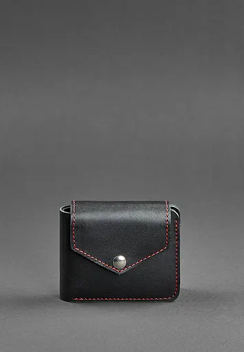 Кожаное портмоне 4.2 на черной кнопке с красной нитью - фото 2