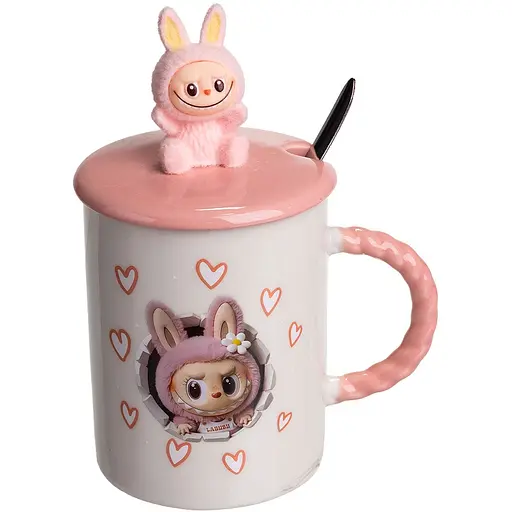 Чашка порцелянова Yiwu Labubu 300 мл з кришкою і ложкою рожевий Yiwu FM-35C