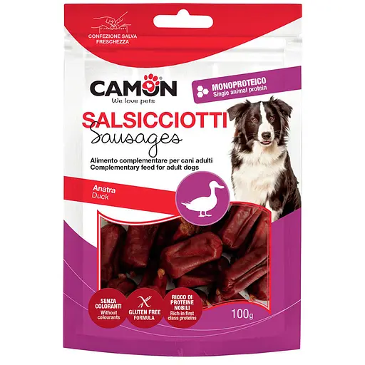 Ласощі для собак Camon м'ясні міні ковбаски з качки 100 г