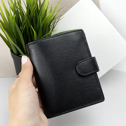 Кошелек мужской кожаный с карманом для прав 112-A черный на кнопке - фото 8