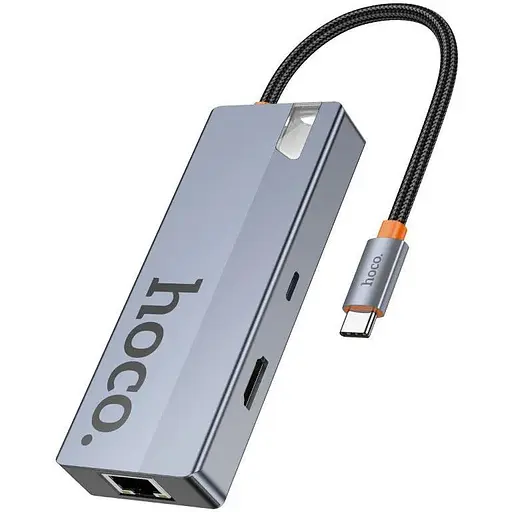 Usb-хаб Hoco HB51 Wow 6-in-1 multi-function converter (HDTV+RJ45+PD+Usb3.0x3) Темно-сірий - фото 1