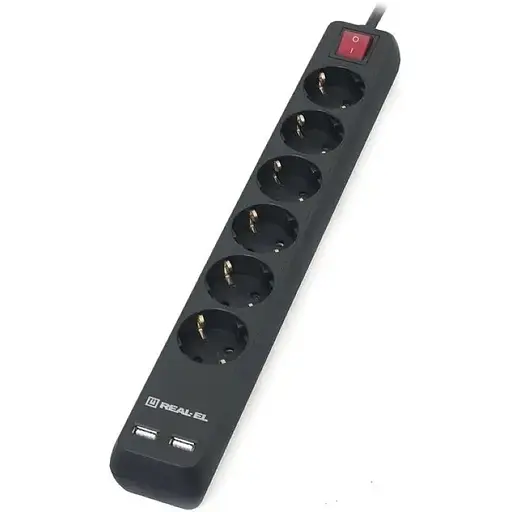 Фильтр сетевой Real-El RS-6 Protect USB, 6 розеток, 5 м, черный, 2xUSB (2.1A), 16А, до 3.68 кВт, выключатель, заземление, 3x1.5 мм² - фото 1
