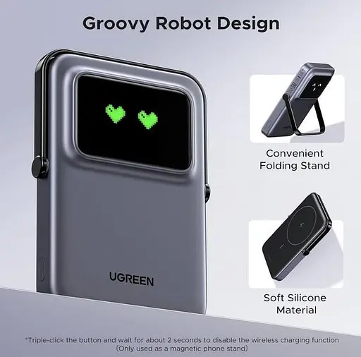 Беспроводной магнитный павербанк Ugreen PB572 Qi2 10000 mah 20 W со сложной подставкой и TFT дисплеем серый - фото 4