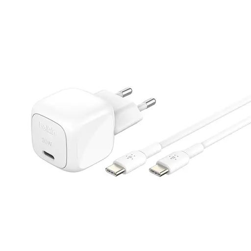 Belkin Зарядний пристрій мережевий 30Вт USB-С PD PPS, кабель USB-С > USB-C, 1 м, PVC, білий - фото 1